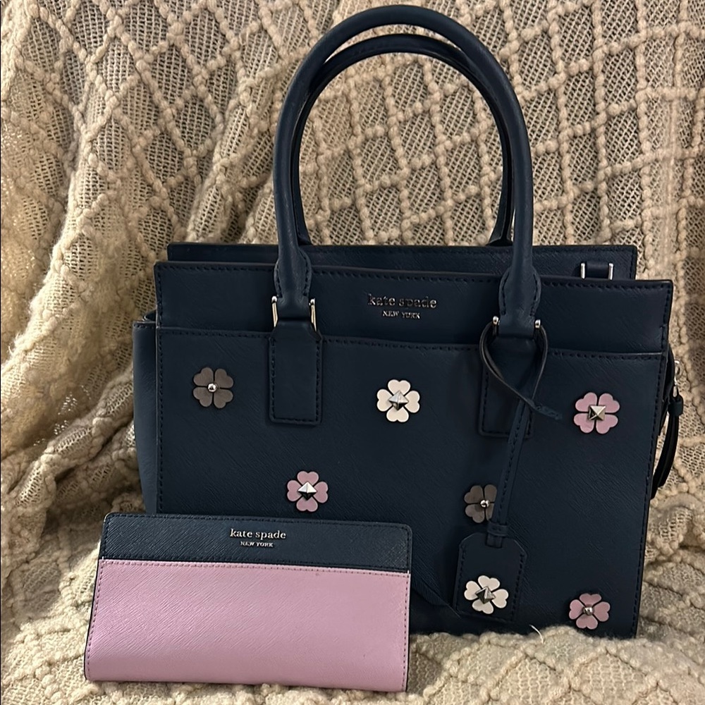 Kate Spade navy blue appliqué flower Cameron satchel and matching wallet